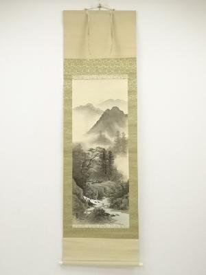 春径筆　山村風景　肉筆絹本掛軸（共箱）